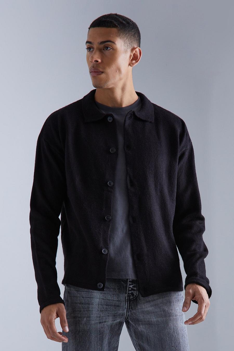 Camicia squadrata a maniche lunghe in maglia, Black image number 1