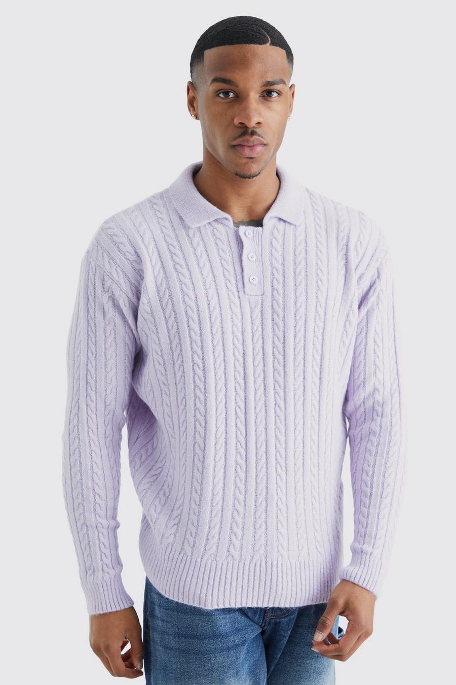 Lilac Boxy Long Sleeve Cable Knitted Polo image number 1
