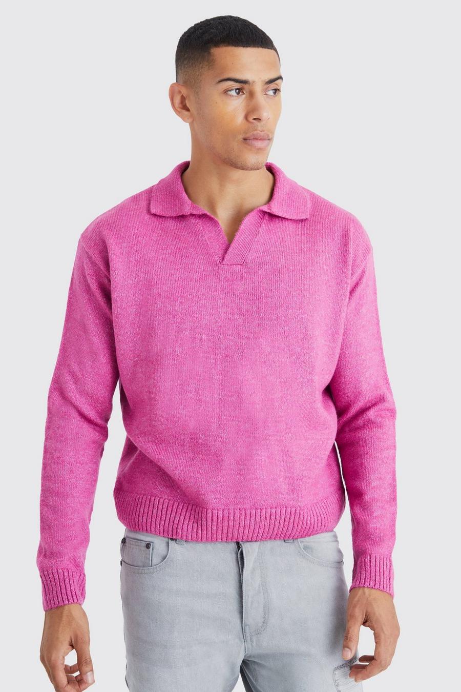 Hot pink rosa Boxy Long Sleeve Knitted Revere Polo