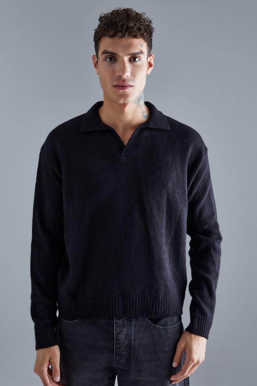 Black Boxy Long Sleeve Knitted Revere Polo