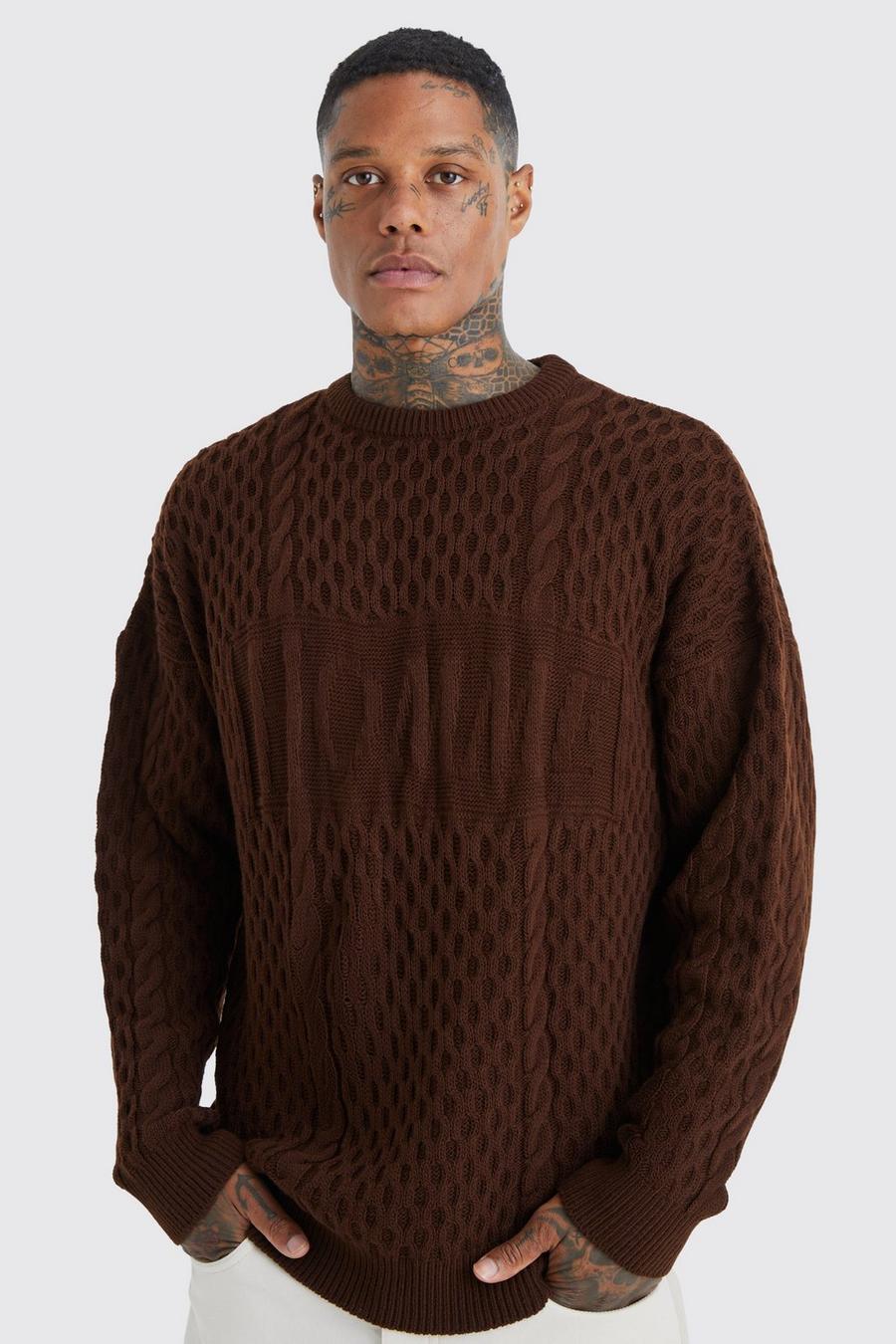 Chocolate marron Oversized Cable Knit Homme Intarsia Jumper