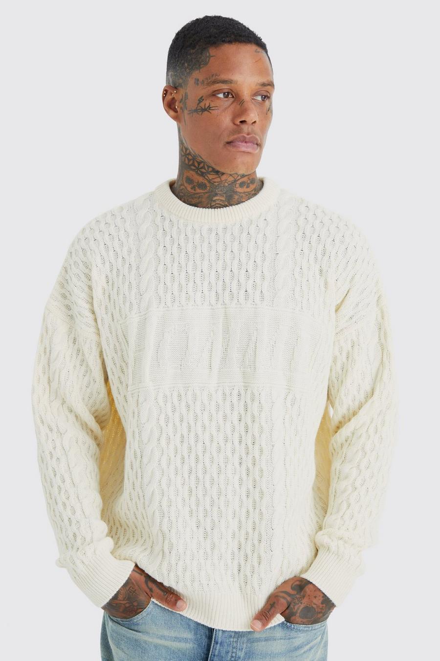 Maglione oversize Homme in maglia intrecciata a intarsio, Ecru bianco