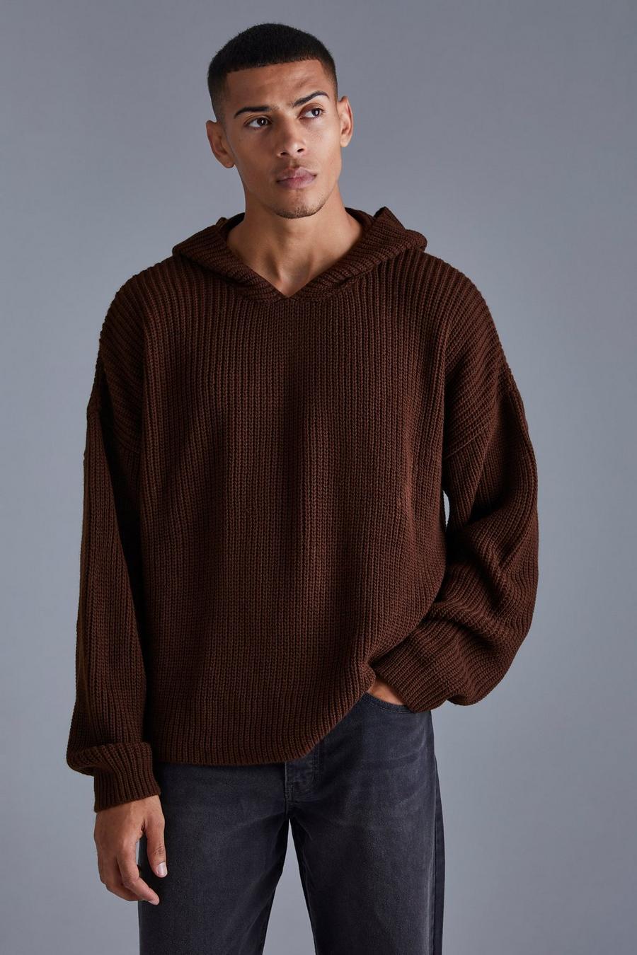 Chocolate Boxy Knitted Ribbed Hoodie image number 1