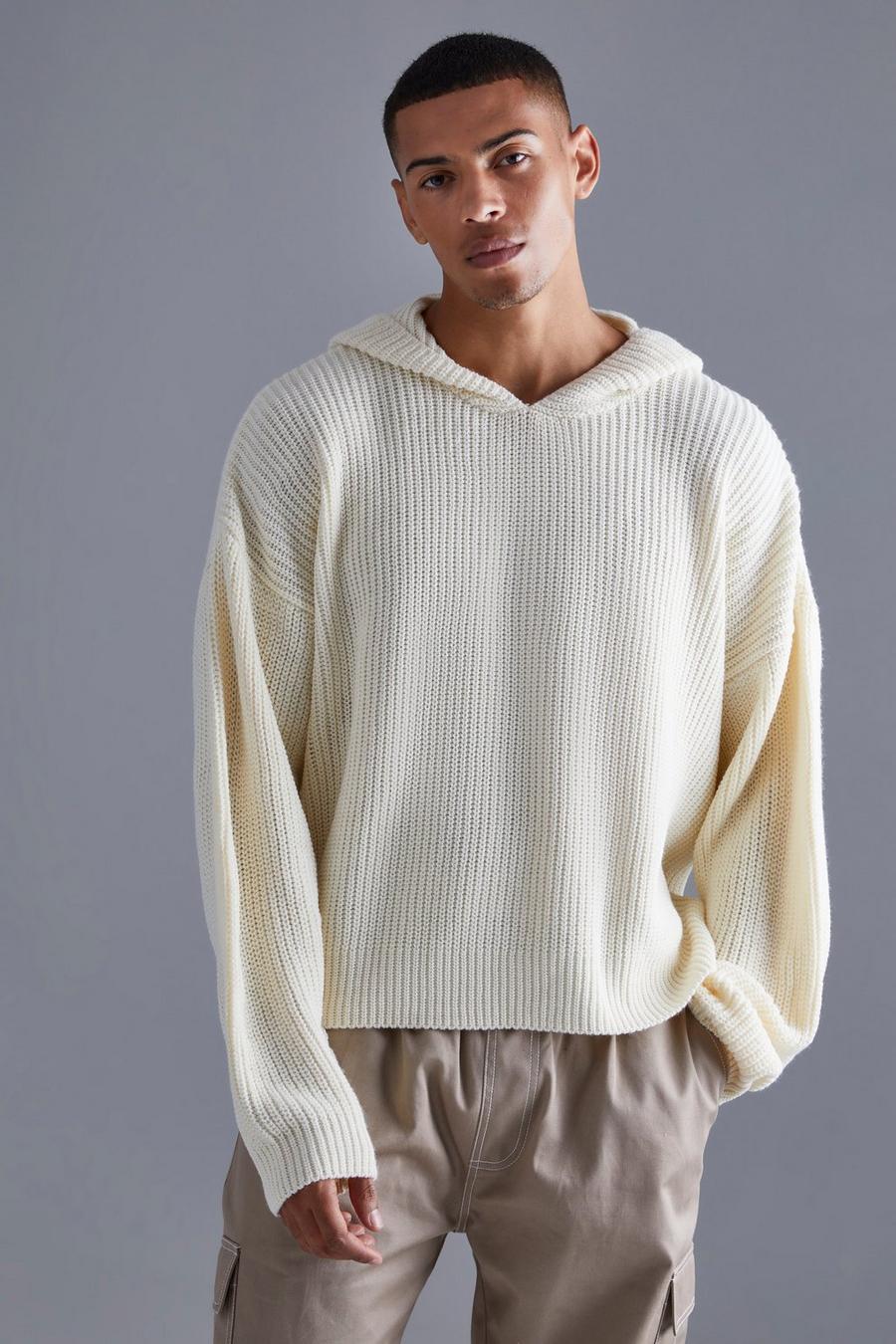 Ecru Boxy Knitted Ribbed Hoodie image number 1