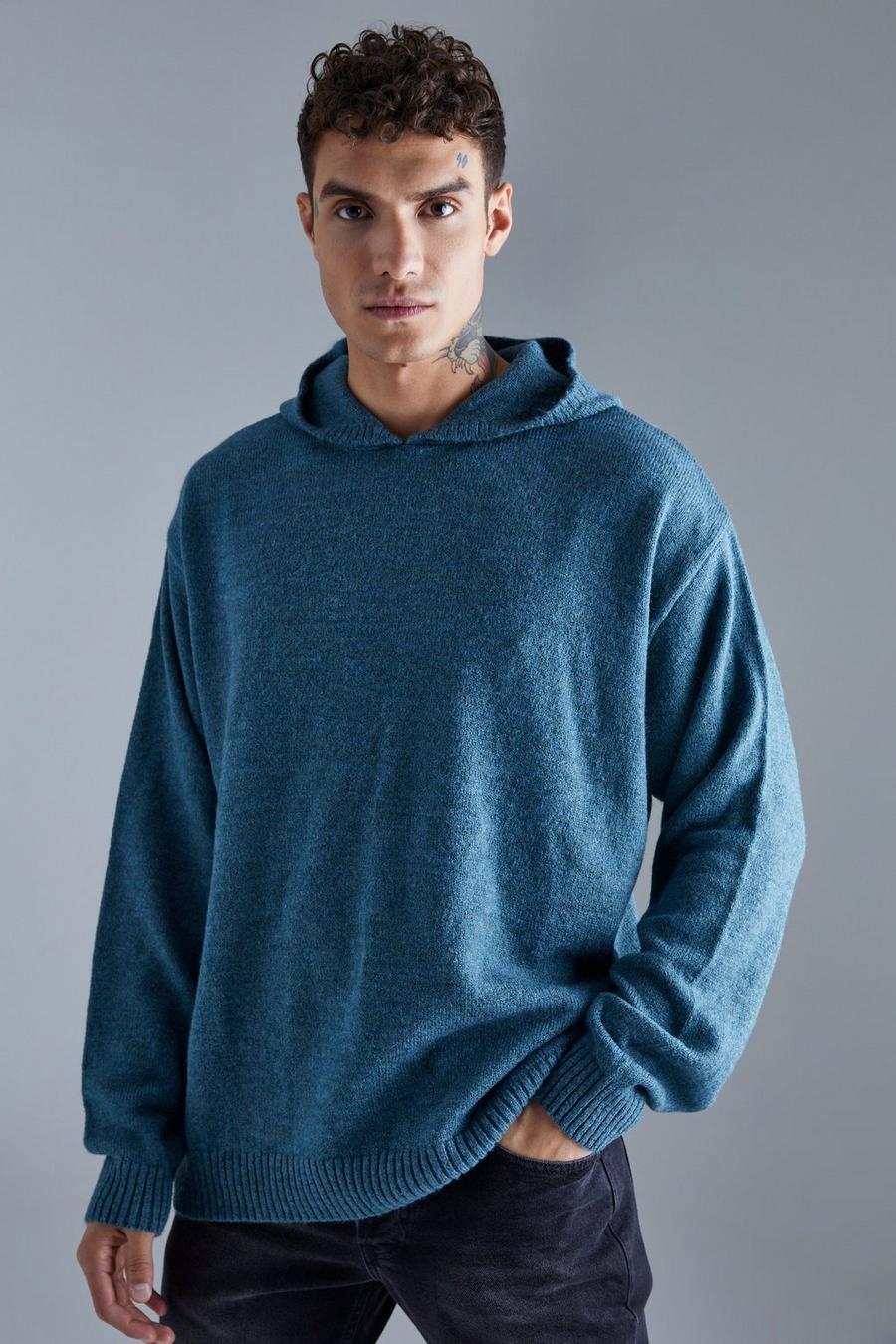 Teal Oversized Brushed Knitted Hoodie image number 1