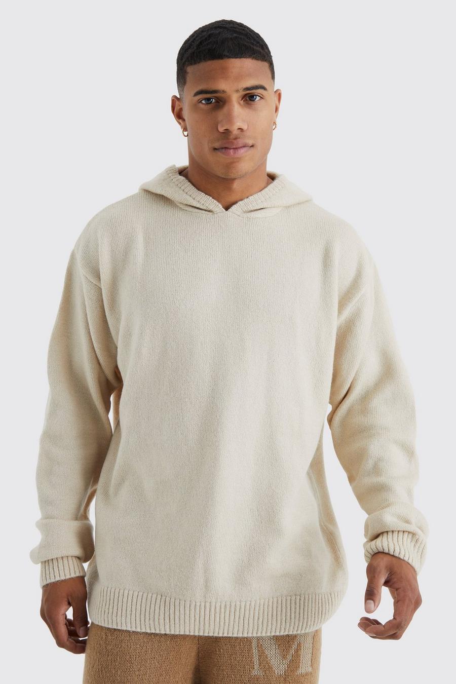 Stone Oversized Brushed Knitted Hoodie image number 1