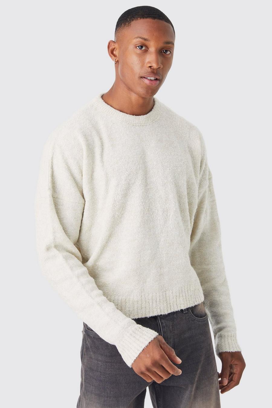 Maglione squadrato in maglia in bouclé con girocollo esteso, Ecru image number 1