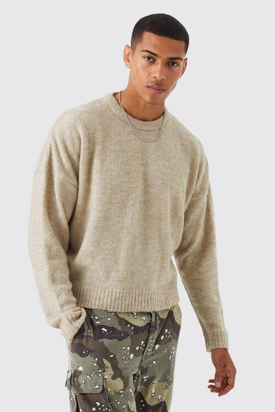 Maglione squadrato in maglia in bouclé con girocollo esteso, Stone image number 1