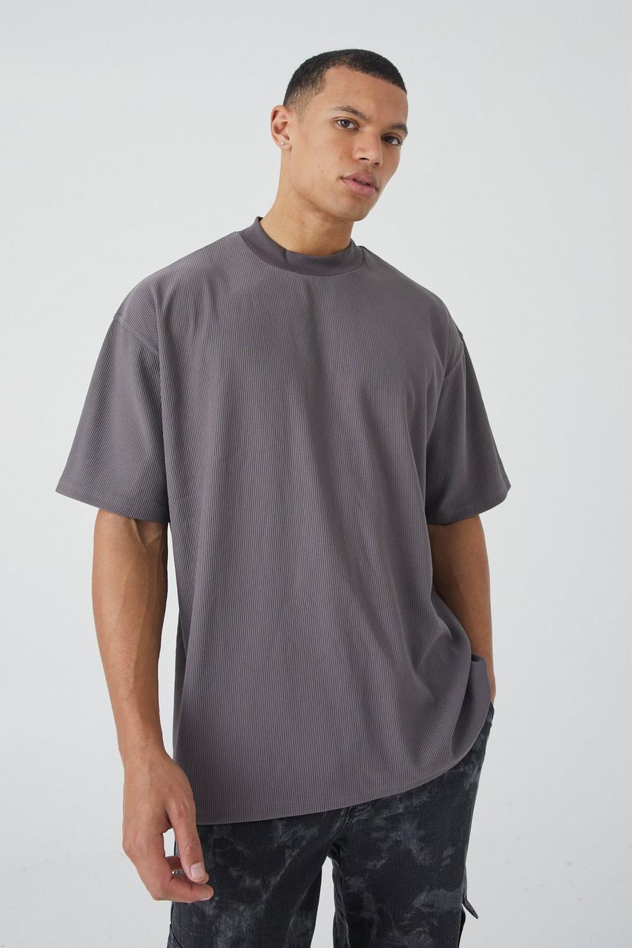 Charcoal Tall Oversize ribbad t-shirt med halsringning image number 1