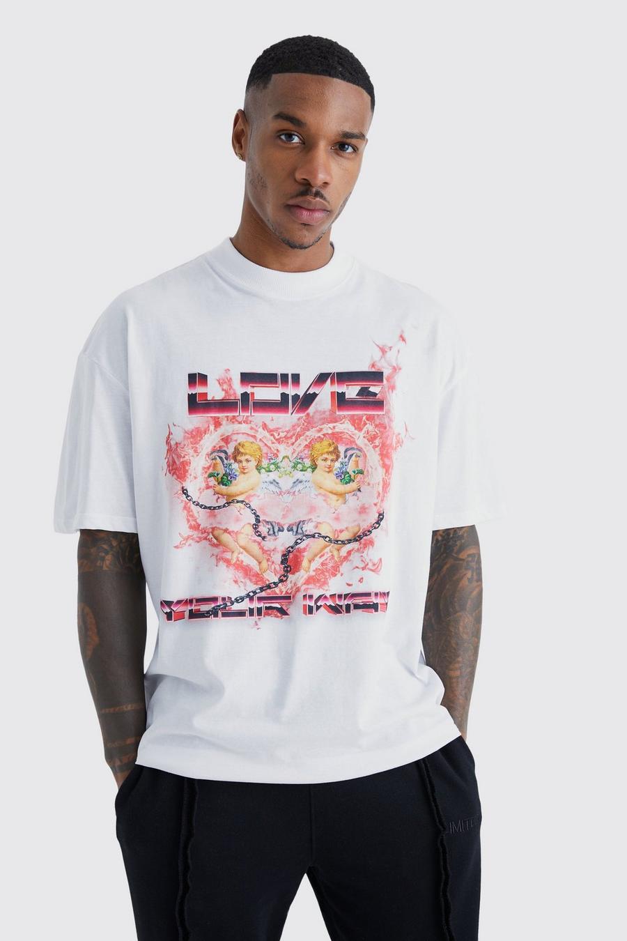 Camiseta oversize gruesa con estampado del orgullo Love Cherub, White image number 1