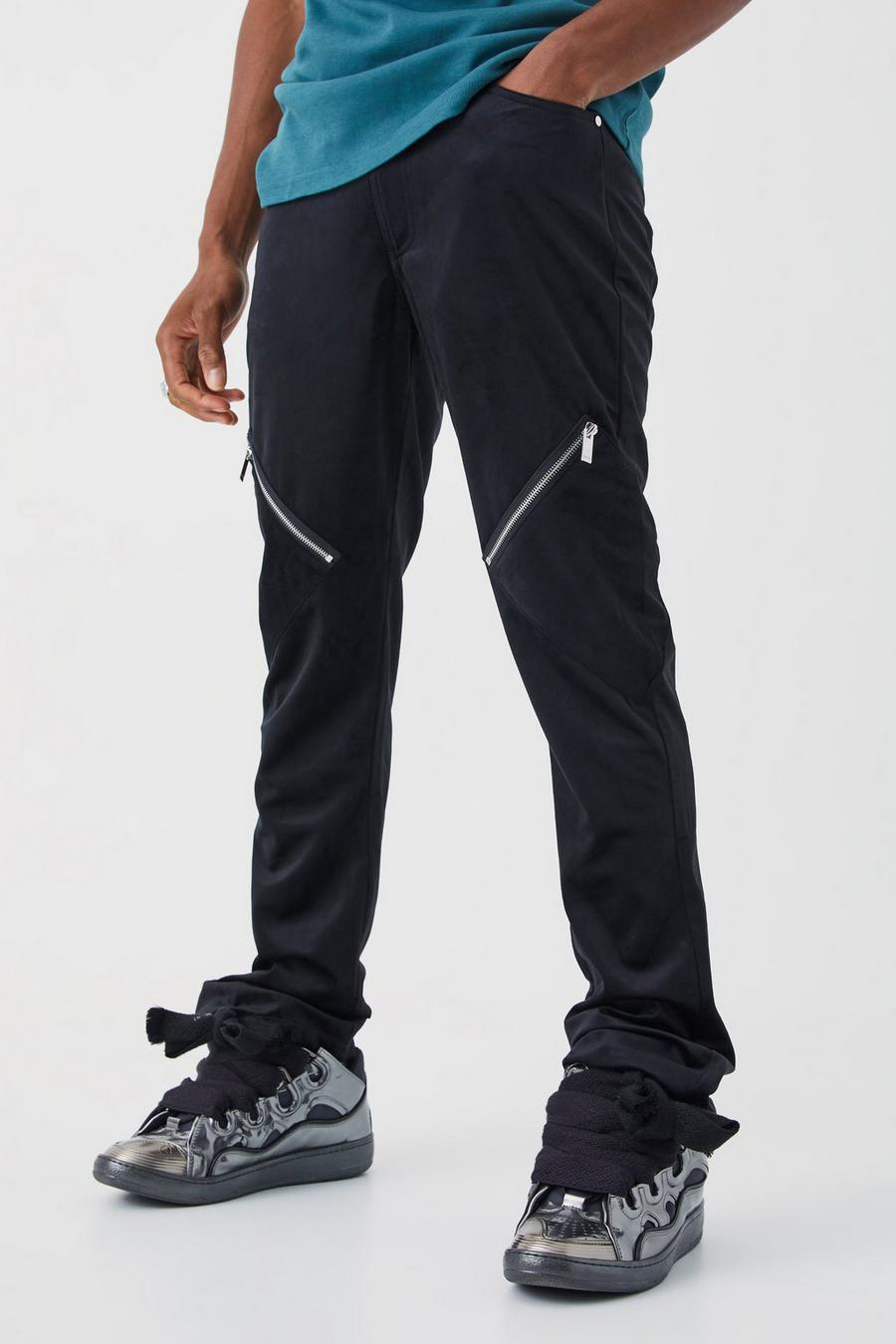 Pantaloni Cargo Slim Fit in velours con zip, Black image number 1