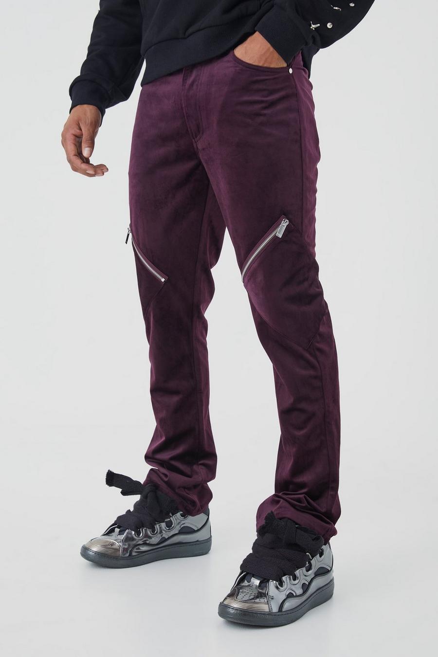 Pantalón cargo ajustado de campana y velvetón con cremallera, Purple image number 1