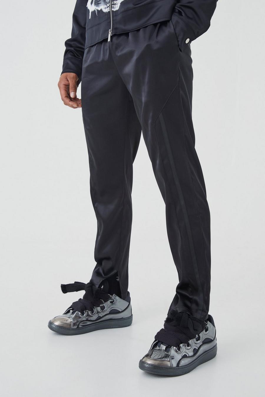 Pantaloni Slim Fit in raso con striscia e spacco sul fondo, Black image number 1