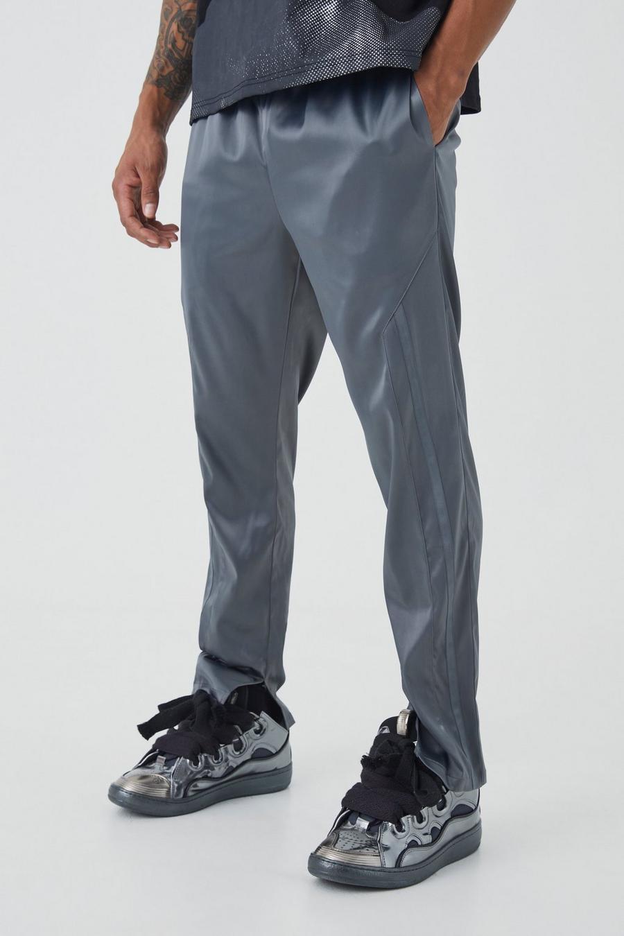 Pantaloni Slim Fit in raso con striscia e spacco sul fondo, Charcoal image number 1