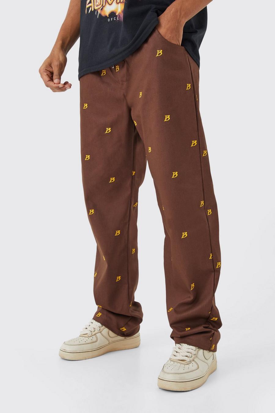 Chocolate Fixed Waist Relaxed All Over Embroidery Trouser
