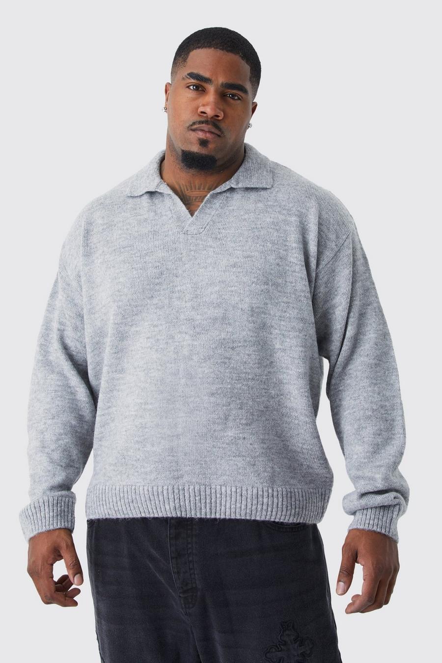 Grey marl Plus Boxy Long Sleeve Knitted Revere Polo