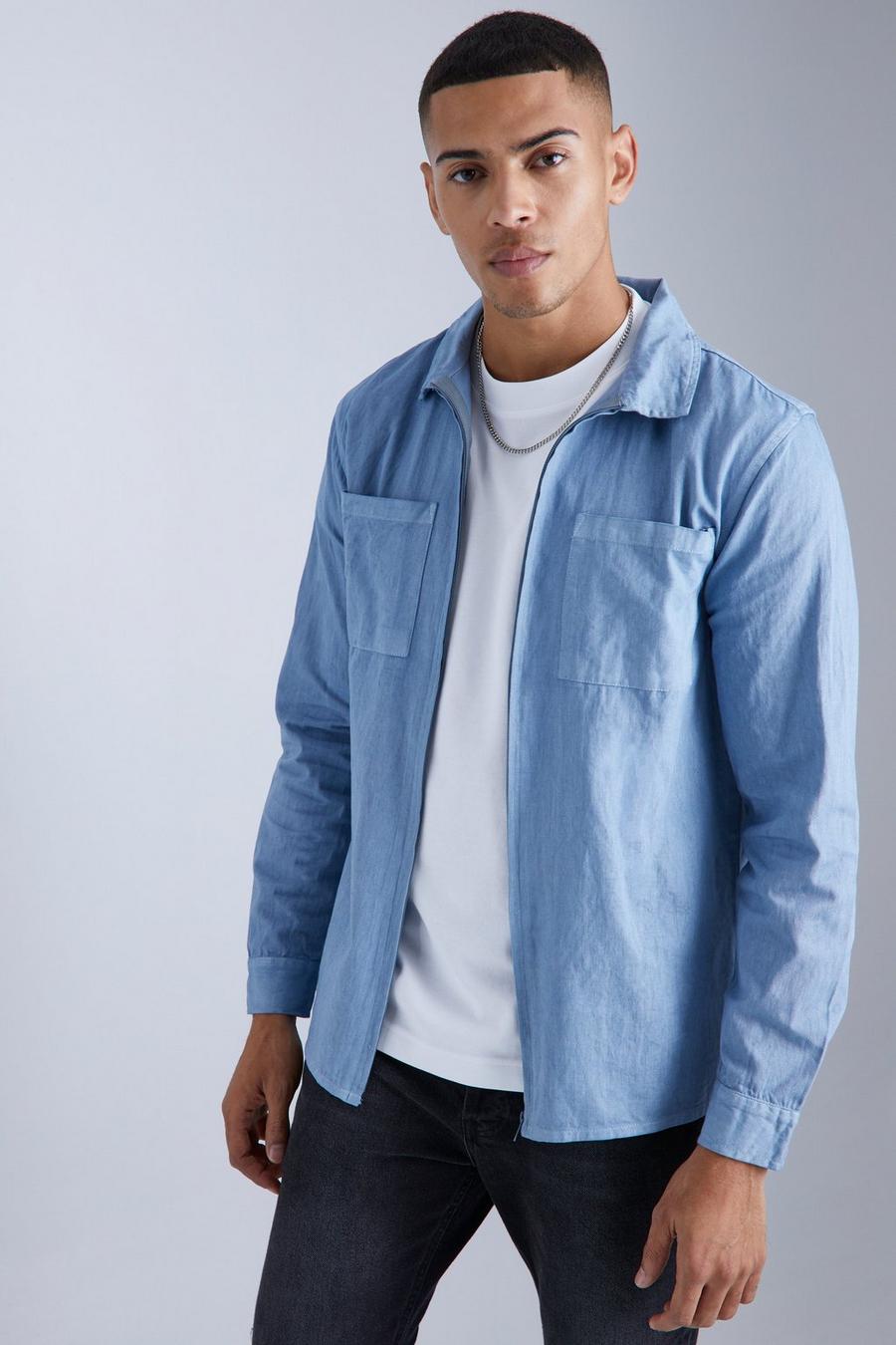 Denim-blue Urblekt oversize skjorta med dragkedja
