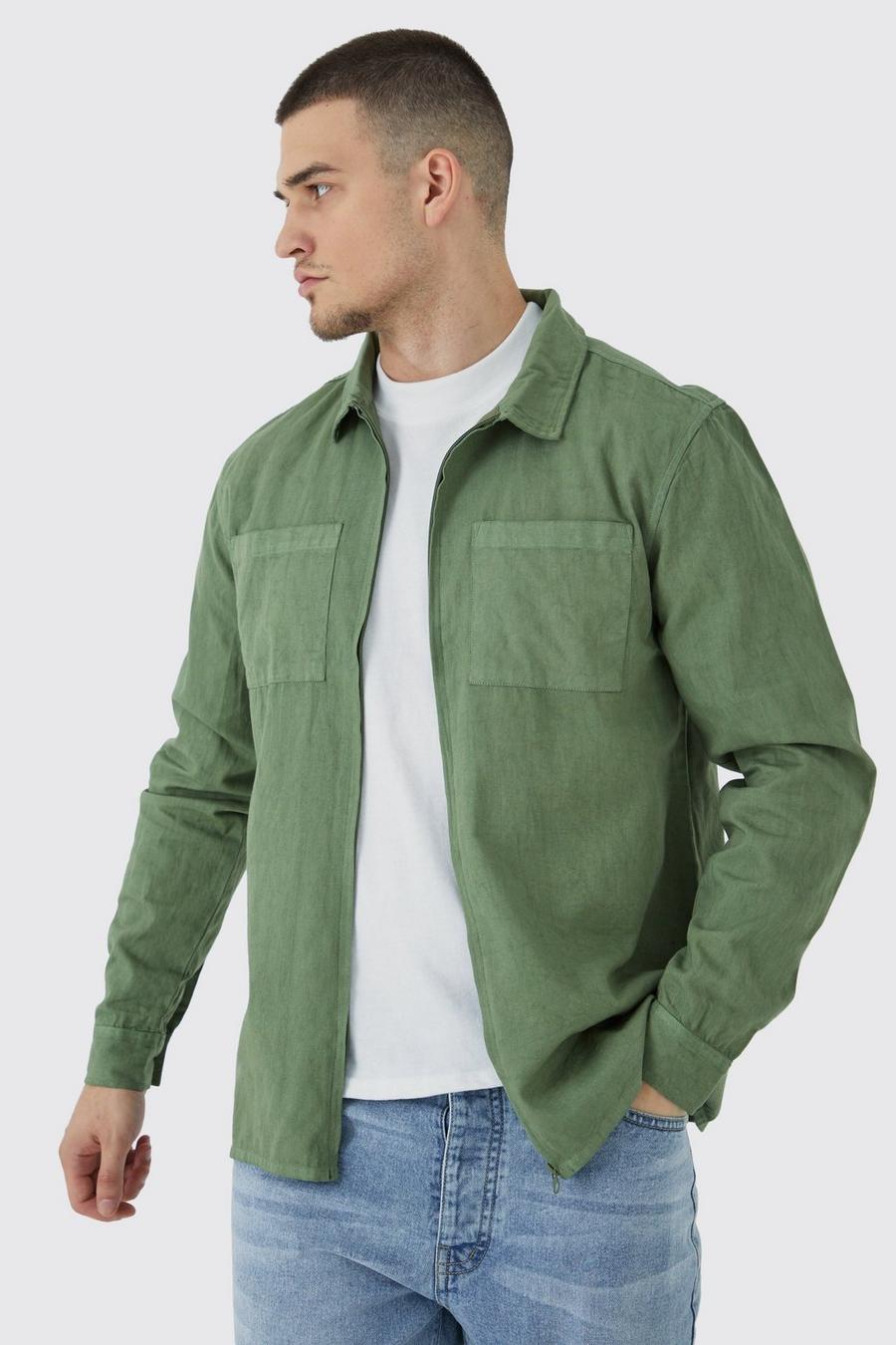 Olive green Tall Oversized Overdyed Zip Through Pocket Overshirt