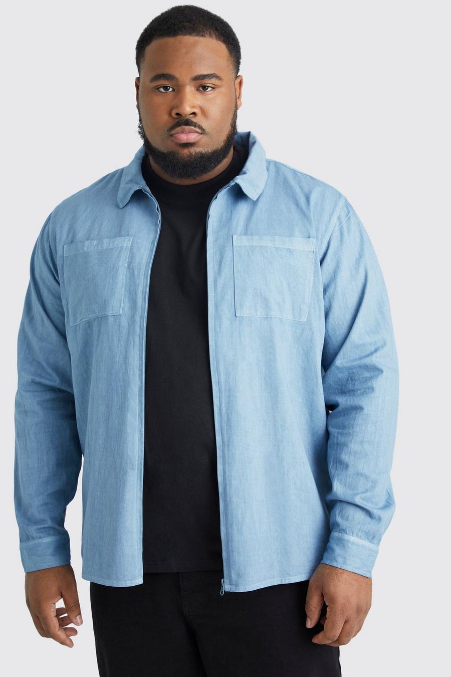 Denim blue Plus Oversized Overdyed Zip Through Pocket Overshirt