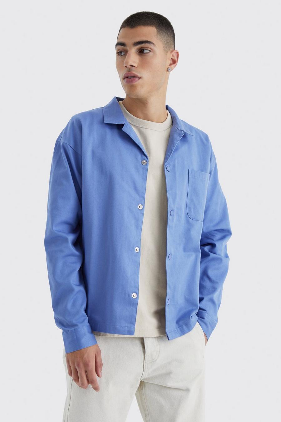 Denim-blue Boxy Harrington Keperstof Overhemd Met Revers Kraag