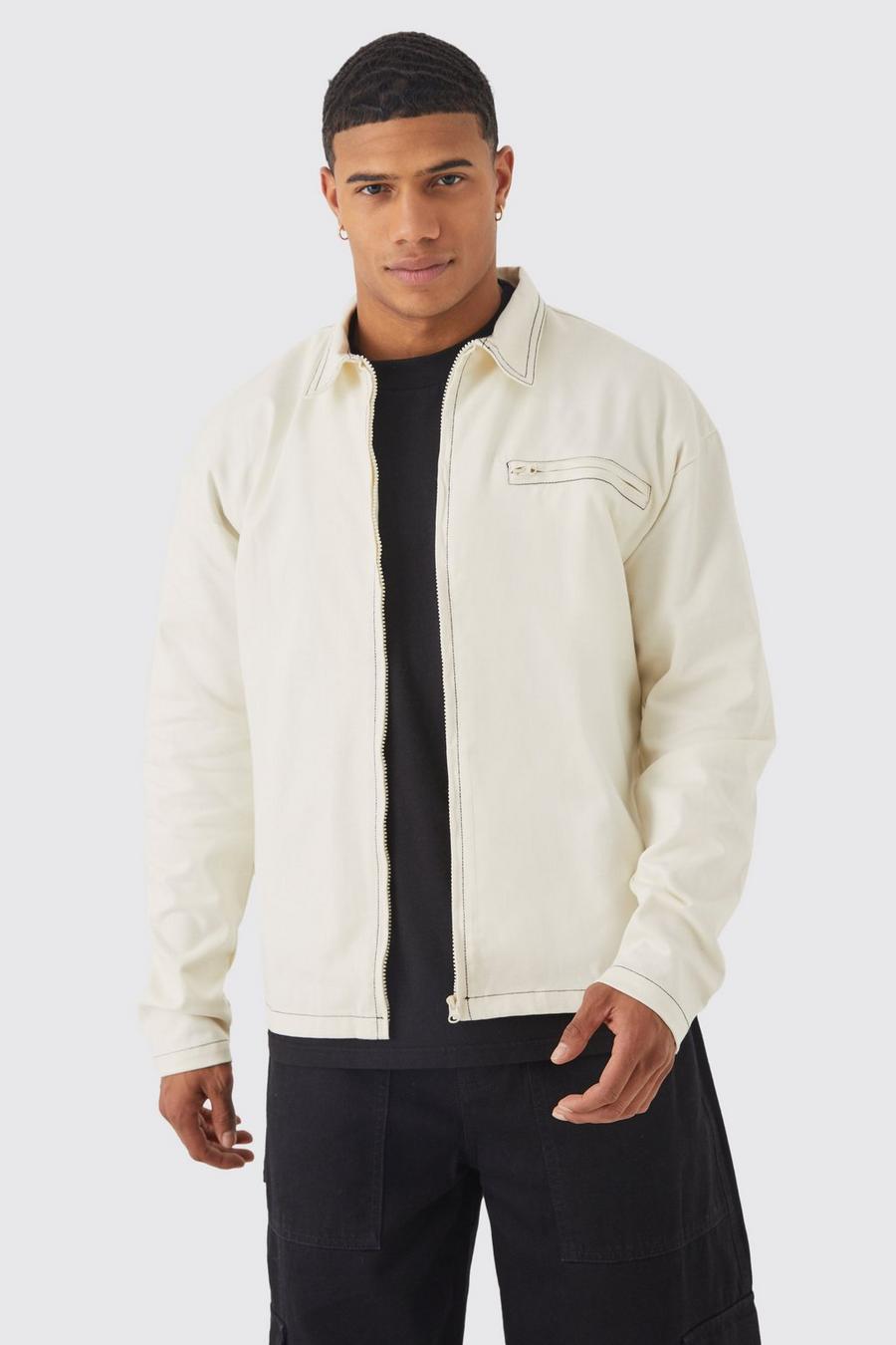 Ecru Boxy Contrast Stitch Zip Twill Overshirt