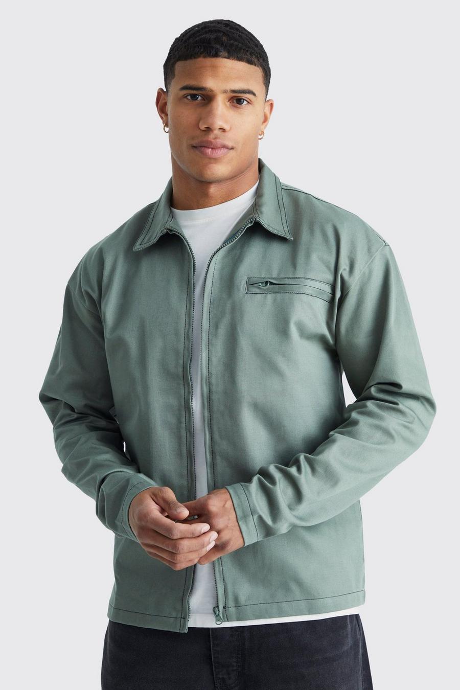 Olive Boxy Contrast Stitch Zip Twill Overshirt image number 1