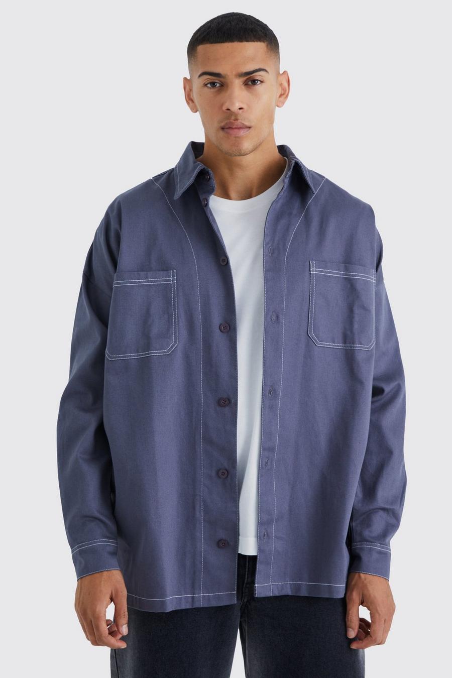 Charcoal Oversized Contrast Stitch Twill Overshirt image number 1