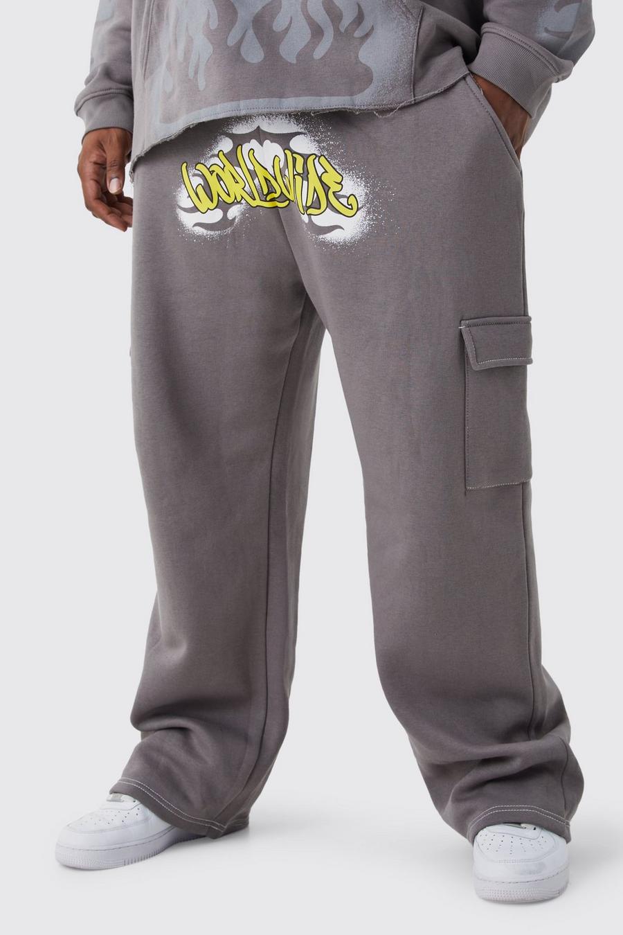 Pantalón deportivo Plus cargo holgado con grafiti Worldwide, Mid grey grigio
