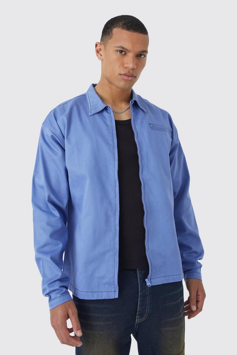 Denim-blue Tall Boxy Contrast Stitch Zip Overshirt