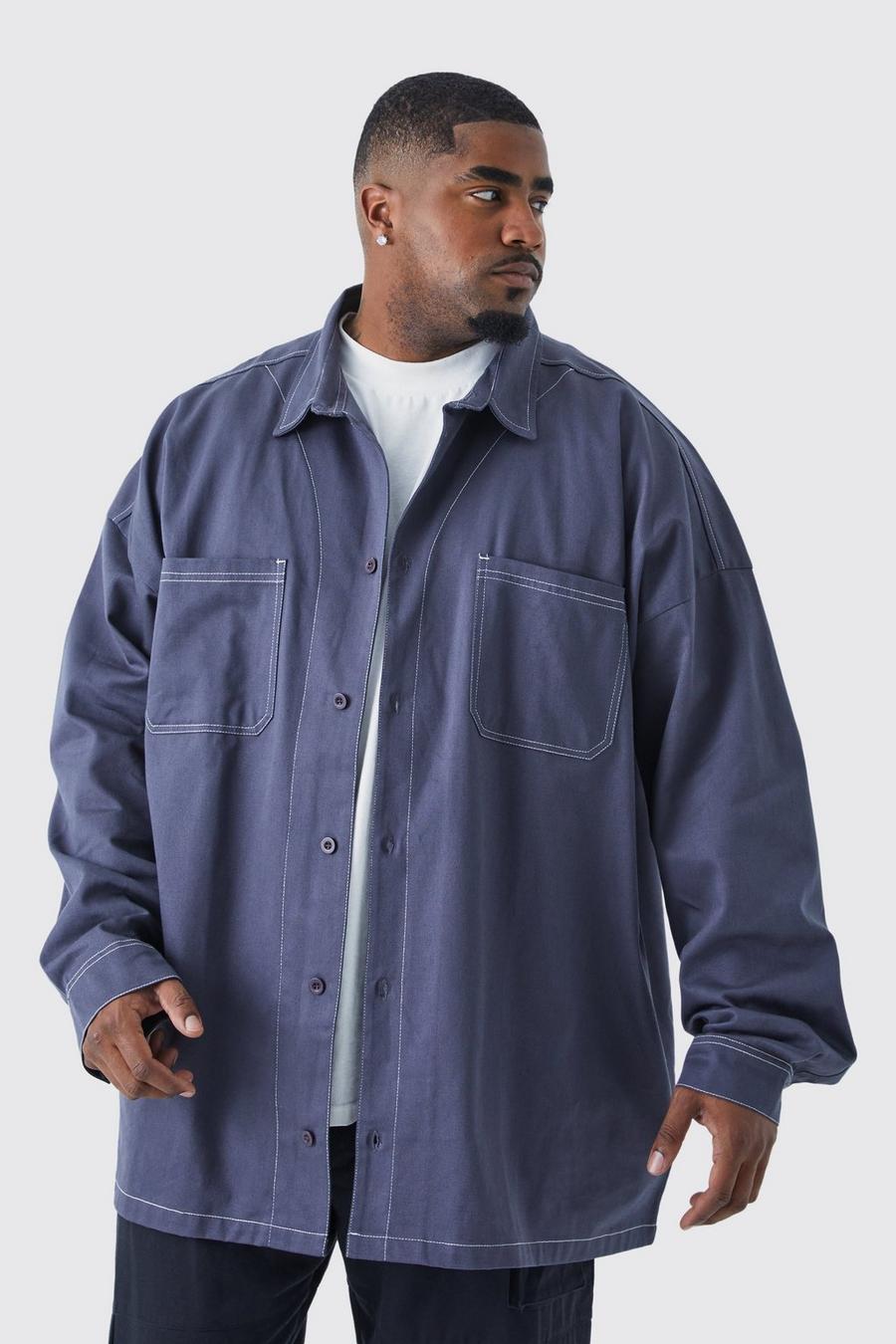 Charcoal Plus Oversized Contrast Stitch Overshirt image number 1