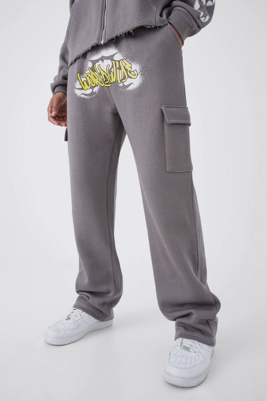 Pantalón deportivo Tall cargo holgado con grafiti Worldwide, Mid grey image number 1