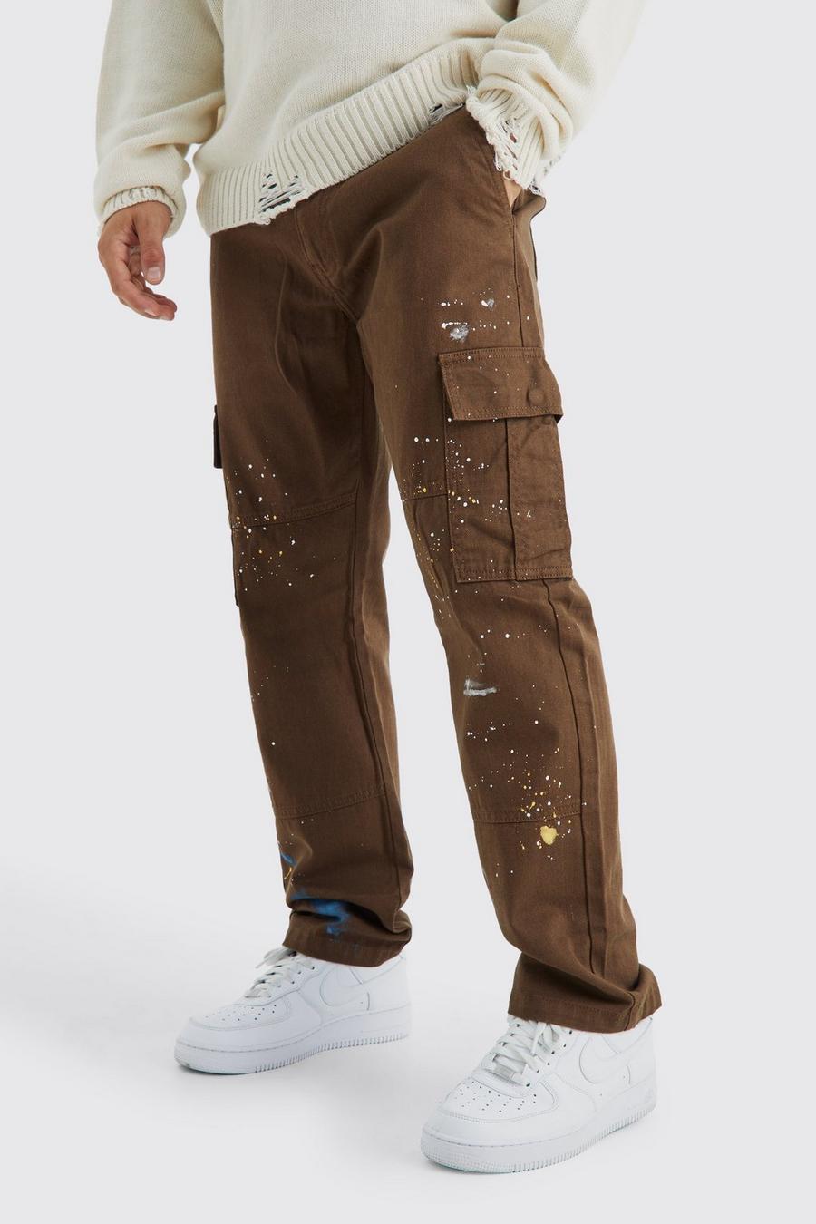 Pantalon cargo droit à taches de peinture, Chocolate image number 1