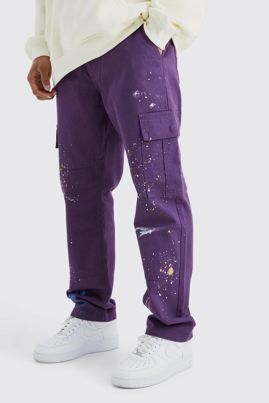 Purple Straight Leg Cargo All Over Paint Splatter Pants