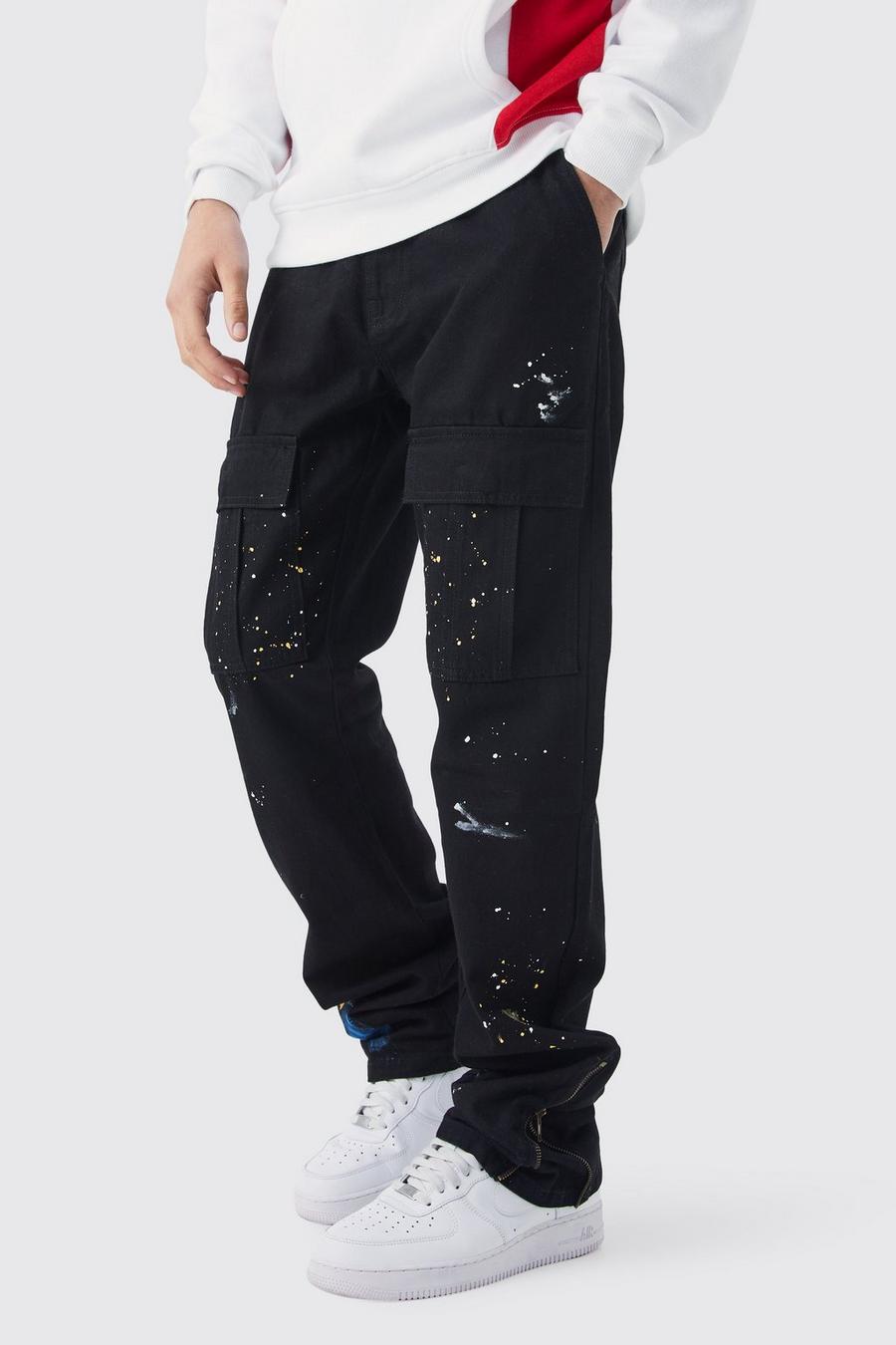 Pantaloni Cargo Slim Fit con zip, pieghe sul fondo e schizzi di colore, Black image number 1