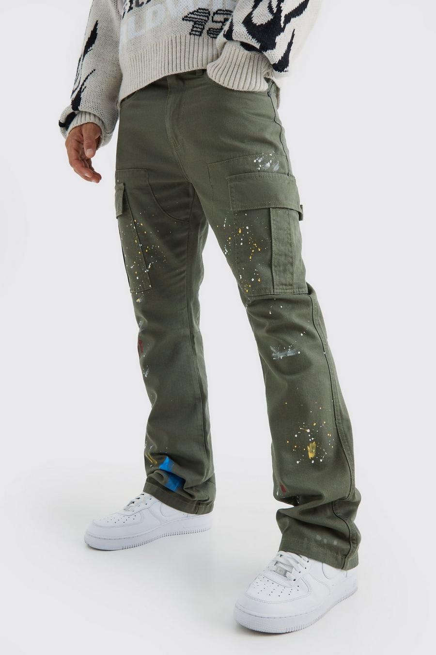 Khaki Slim Flare All Over Paint Splatter Cargo Trouser image number 1