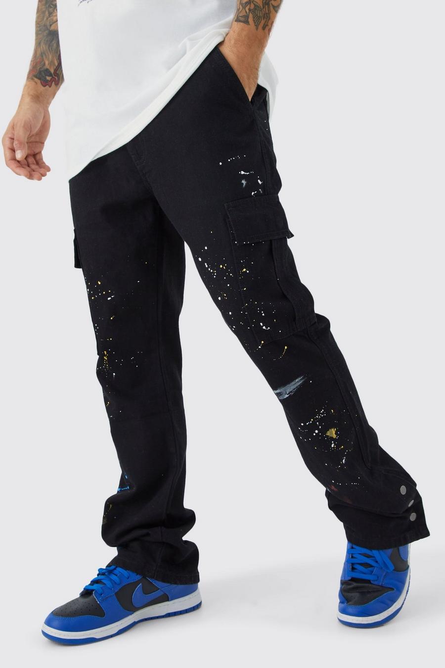 Pantaloni Cargo Slim Fit a zampa con bottoni a pressione sul fondo e schizzi di colore, Black