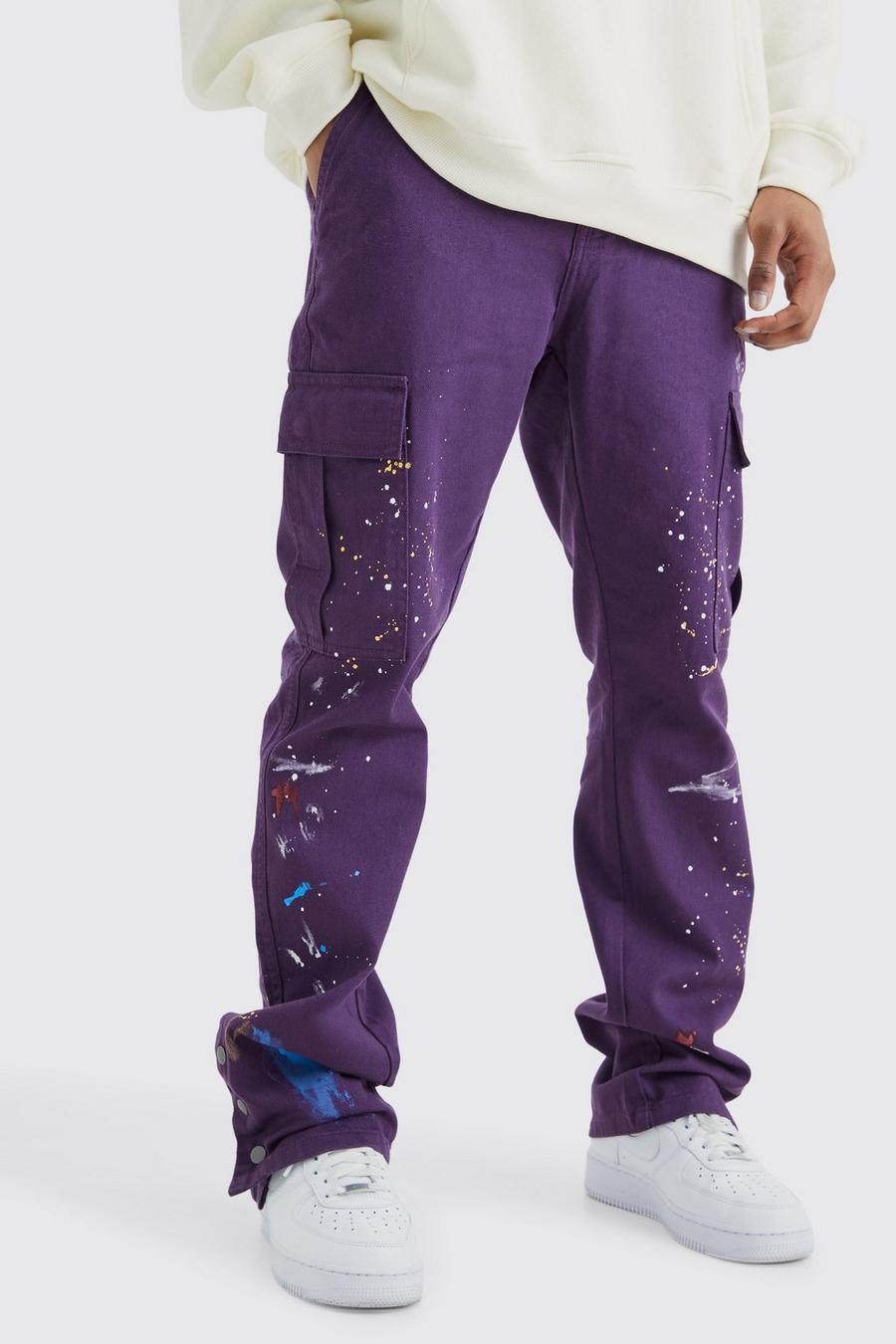 Pantaloni Cargo Slim Fit a zampa con bottoni a pressione sul fondo e schizzi di colore, Purple