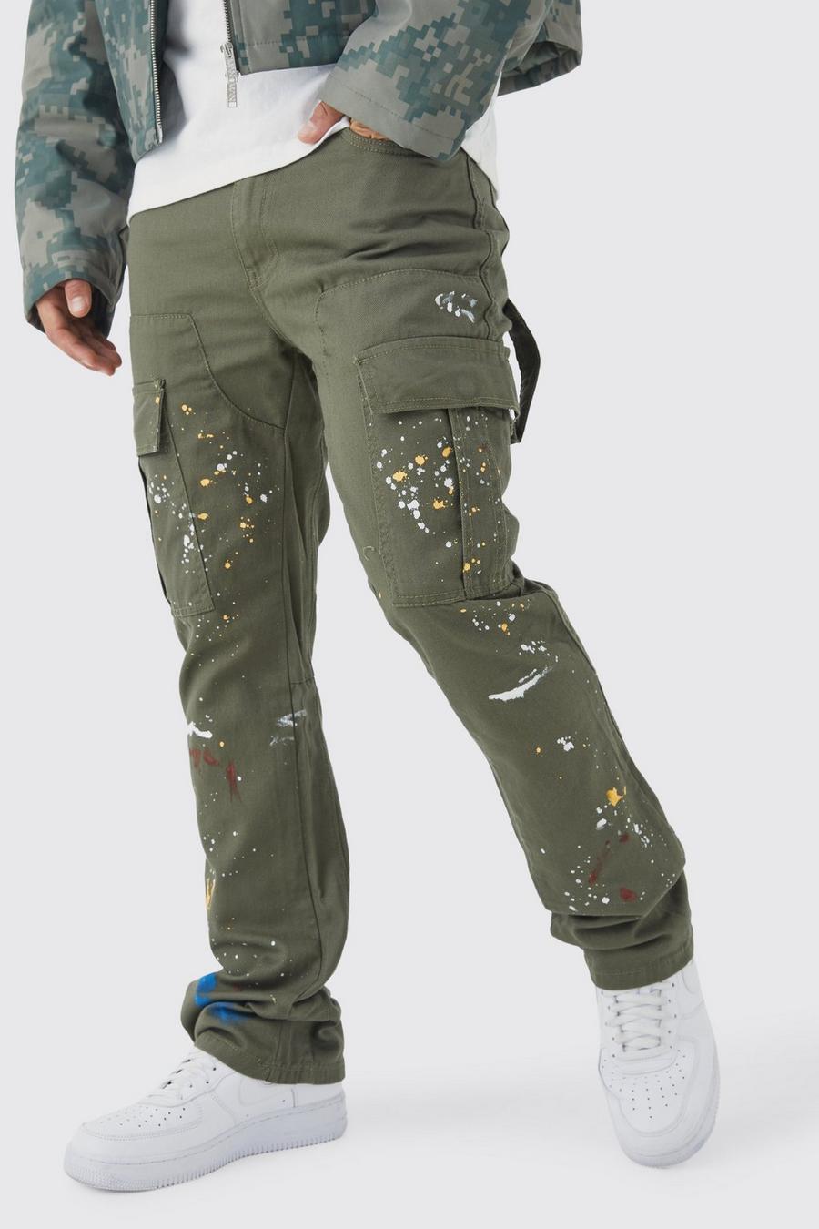 Khaki kaki Slim Flare Gusset Paint Splatter Cargo Trouser