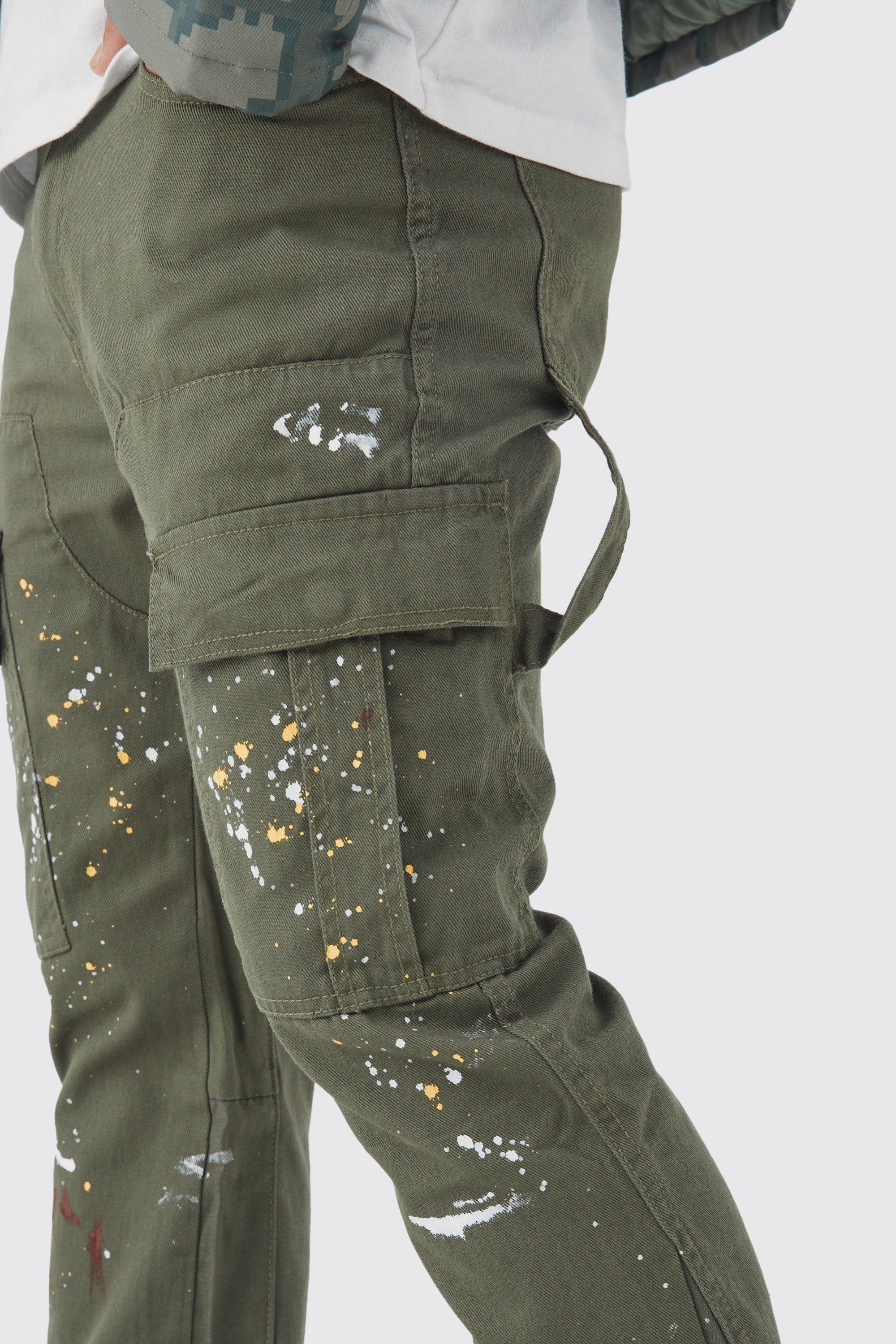 Slim Flare Gusset Paint Splatter Cargo Pants | boohoo USA