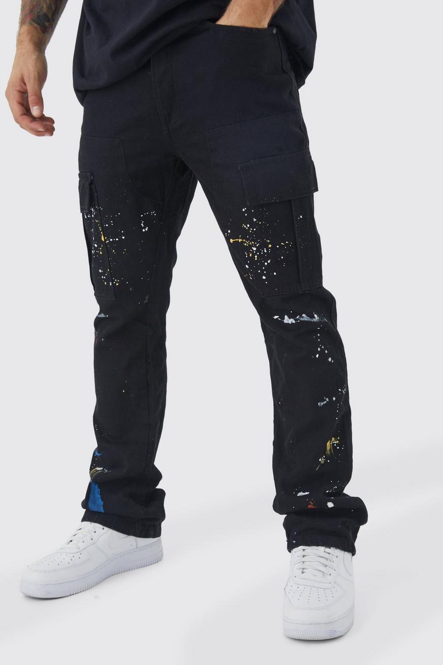 Black Slim Flare Gusset Paint Splatter Cargo Trouser