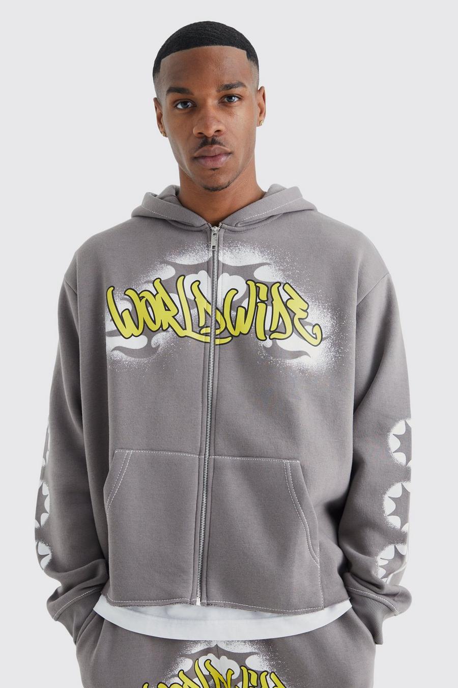 Kastiger Hoodie mit Worldwide Graffiti Print und Reißverschluss, Mid grey