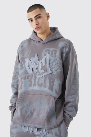 Grey Oversized Graffiti Print Hoodie