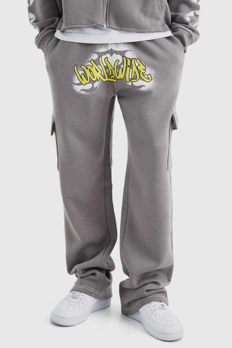 Mid grey Relaxed Worldwide Graffiti Cargo Joggers image number 1