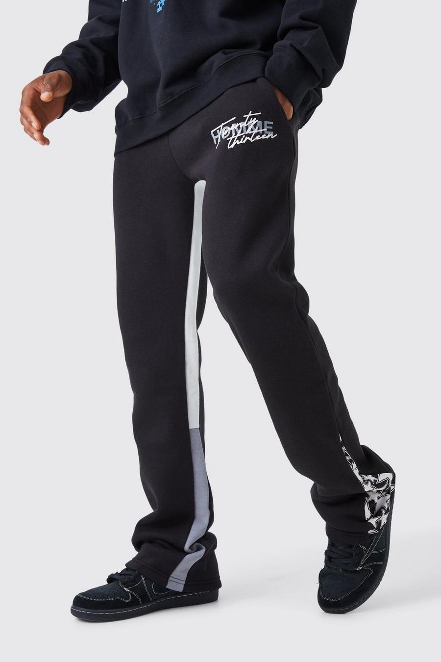 Pantalón deportivo ajustado de campana con pernera plisada y estampado de estrellas, Black negro