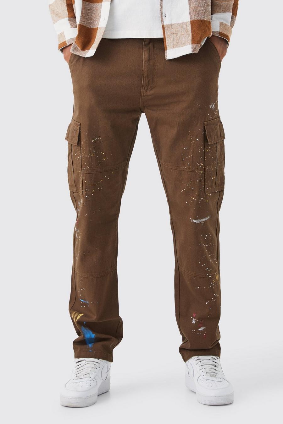 Chocolate brown Tall Straight Leg Cargo All Over Paint Splatter Trouser
