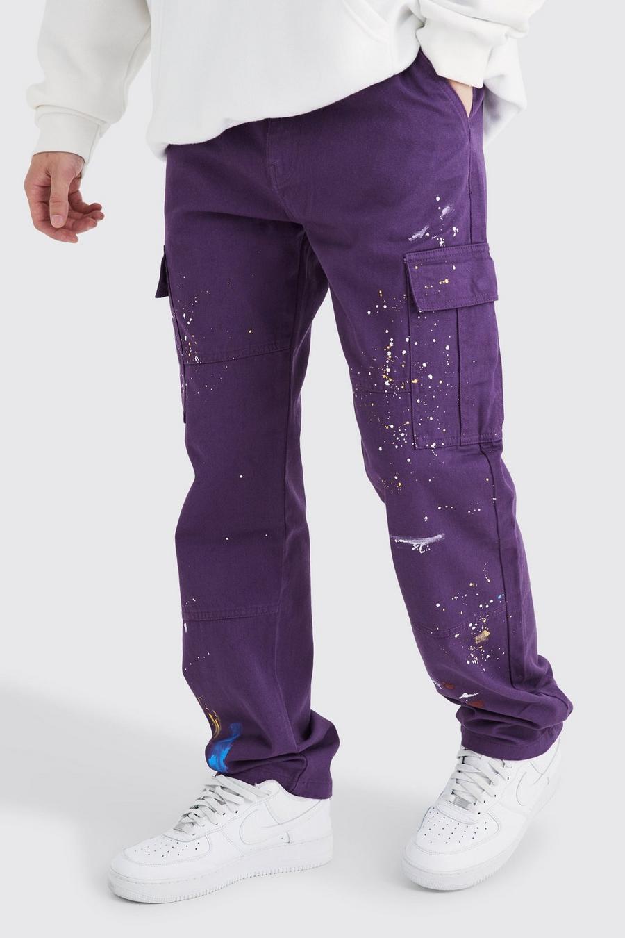 Purple Tall Straight Leg Cargo All Over Paint Splatter Trouser image number 1