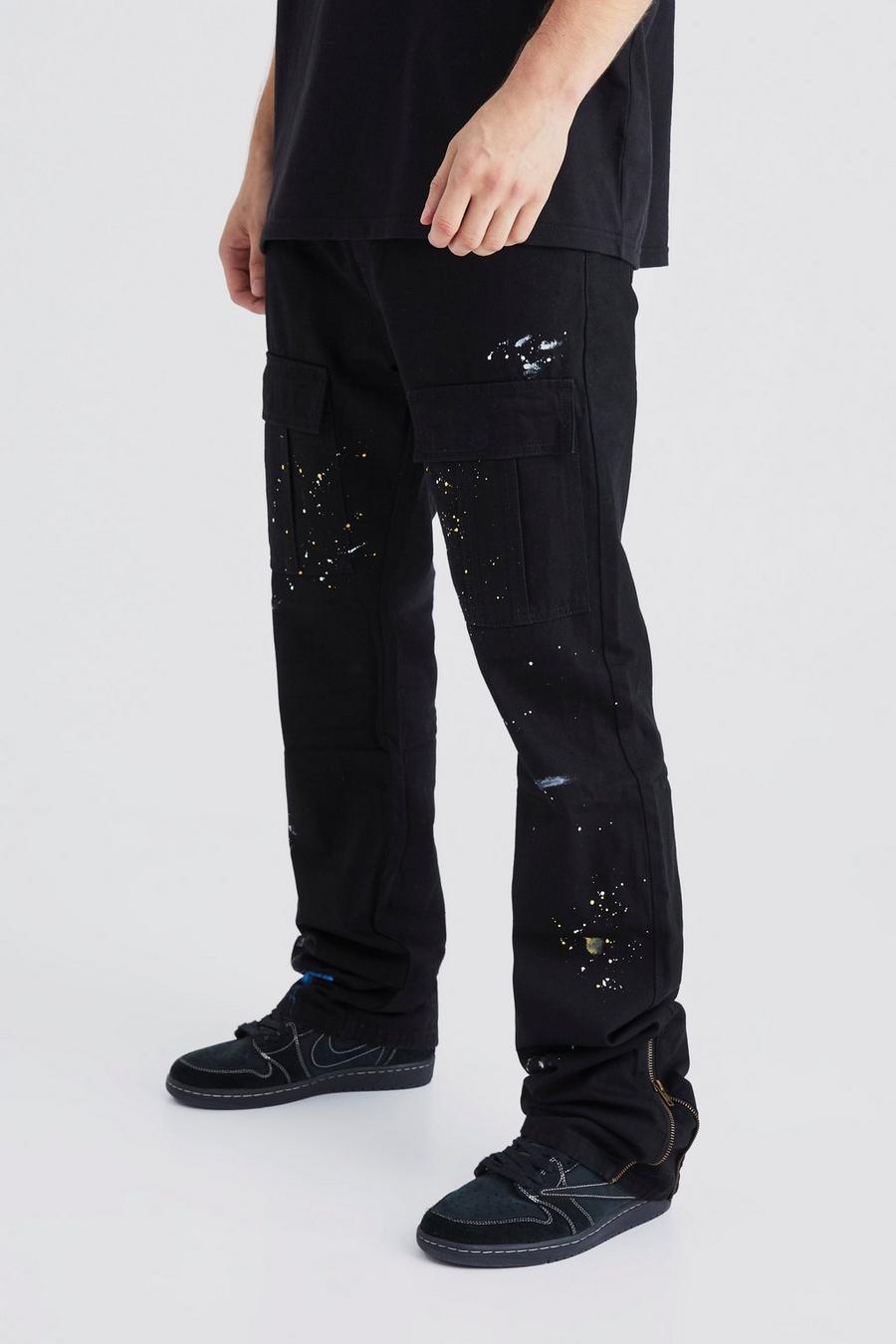 Pantaloni Cargo Tall Slim Fit con zip, pieghe sul fondo e schizzi di colore, Black image number 1
