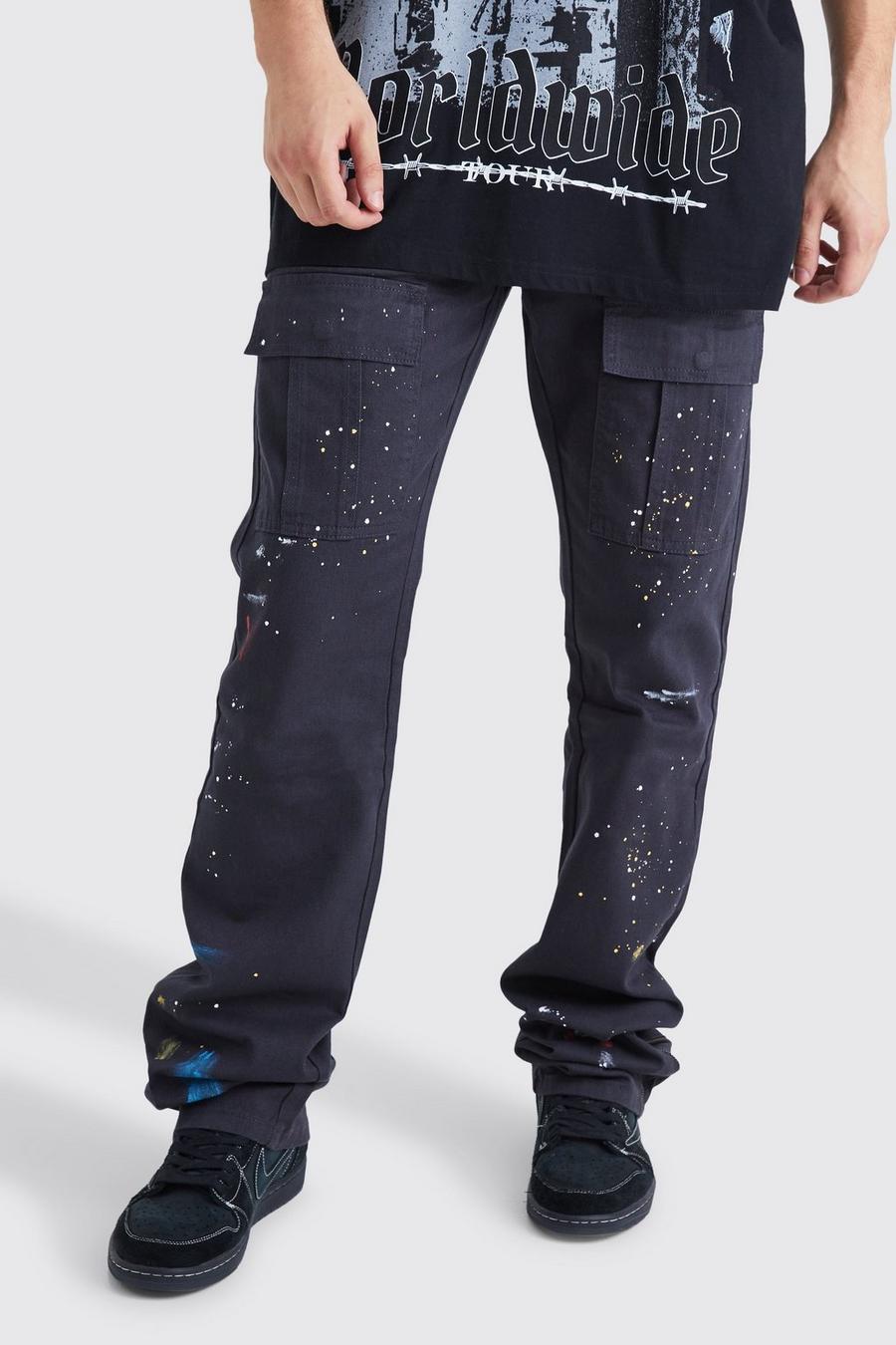Charcoal grey Tall Slim Stacked Zip Flare Paint Splatter Cargo Trouser