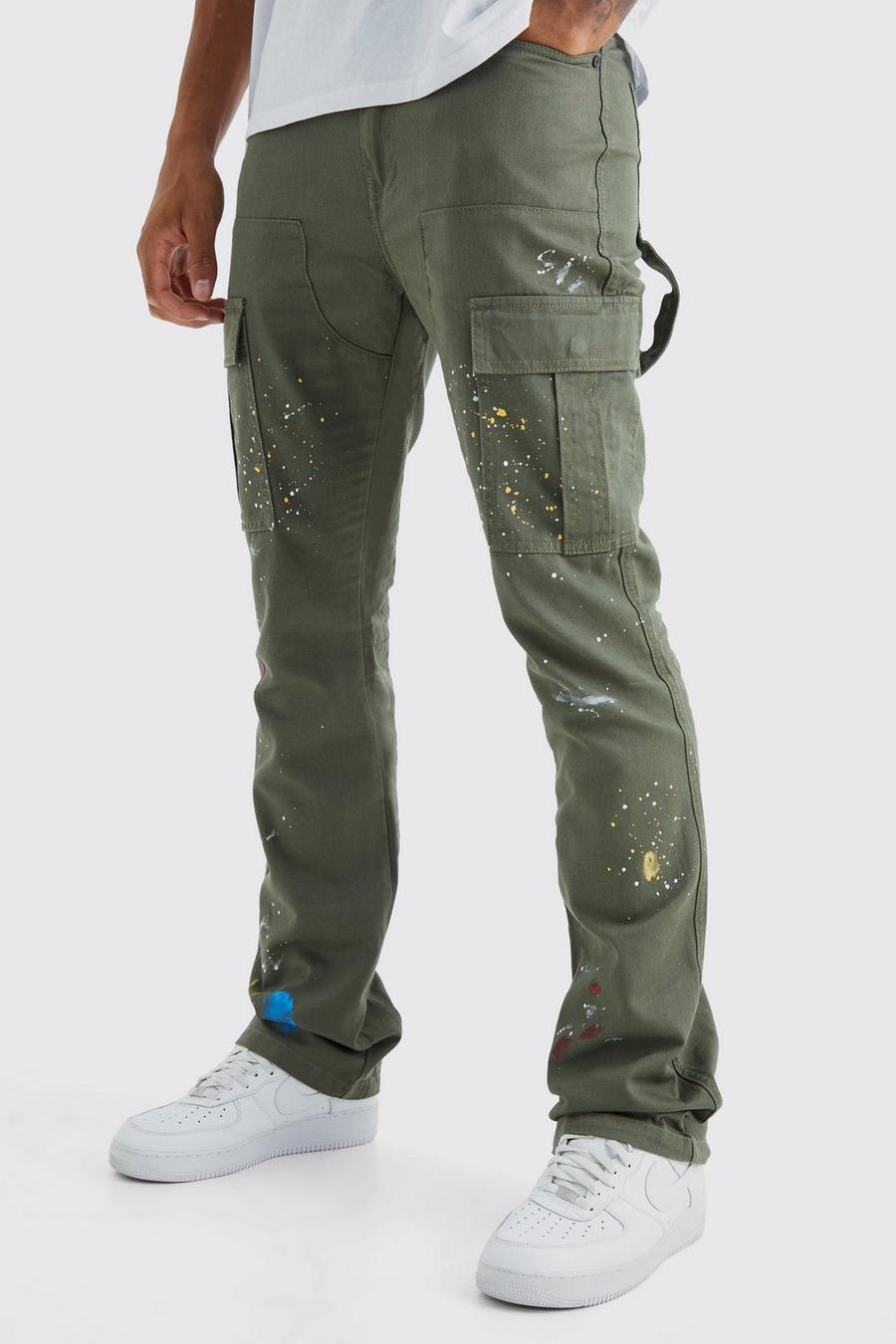 Khaki Tall Slim Flare All Over Paint Splatter Cargo Trouser