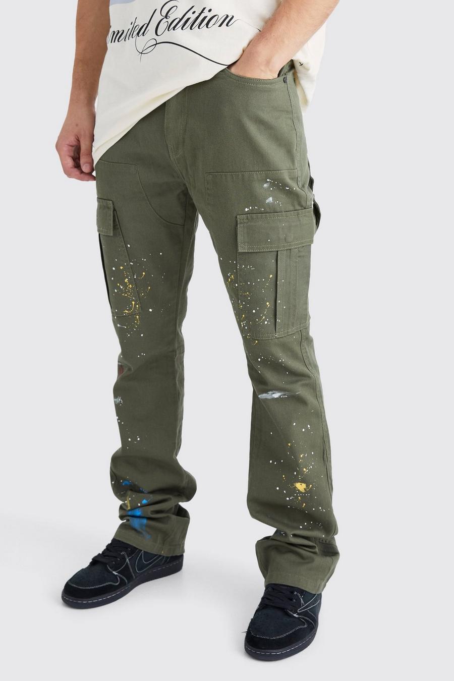 Khaki Tall Slim Flare Gusset Paint Splatter Cargo Trouser